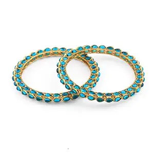 ACCESSHER Traditional and Ethnic Design Inspired Matte Gold Plated Shiny Blue Stones Embellished Rajwadi Style Kada/Bangles Pack of 2 for Women and Girls