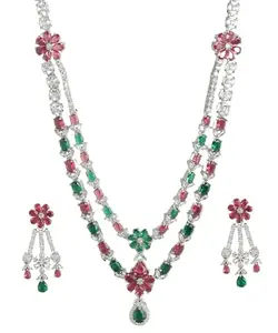 Mansiyaorange Multicolor Doublet AD American Diamond CZ Cubic Zerconia Gemstone-Studded Layered Necklace Jewelry Set