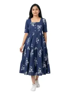 MUSANIYAA Women's Cotton Floral Leaf Print Tiered Midi Dress – Square Neck, Short Sleeve A-Line Smock Dress for Casual Summer & Vacation Wear