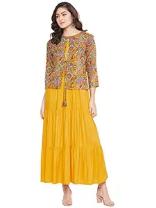 HELLO DESIGN Women's Rayon 3/4 Sleeve Flared Full-Length Maxi Dress (Yellow_Large)