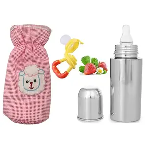 CUTIZDROP New Born Baby Milk Feeding Check Cover, Bottle, Fruit Feeder Combo BPA Free - Plastic, Steel, Silicon - Pink