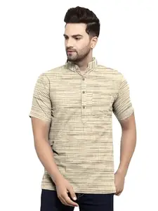 Mens Cotton Blend Half Sleeves Solid Casual Round Neck Short Kurta_Cream_XL