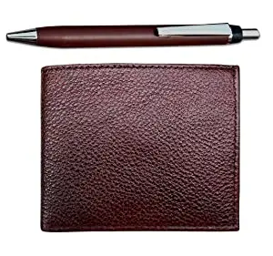 GS.ESHIKA Gents Wallet with Metallic Ball Pen Combo Pack Genuine Leather for Men with Coin Pocket Brown