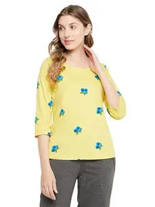 Clovia Women's Cotton Floral Print Top (LT0148P02_Yellow_3XL)