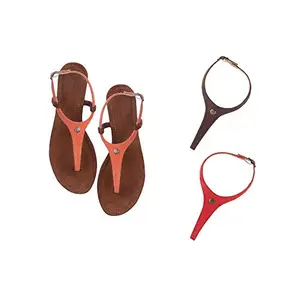 Cameleo -changes with You! Cameleo -changes with You! Women's Plural T-Strap Slingback Flat Sandals | 3-in-1 Interchangeable Leather Strap Set | Orange-Brown-Red