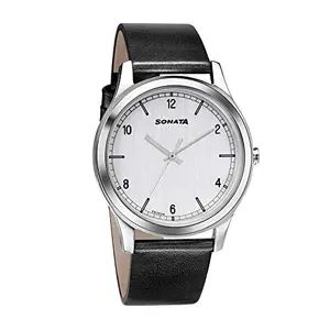 Sonata Men Leather Silver Dial Analog Watch -Nr7135Sl01, Band Color-Black