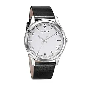 Sonata Quartz Analog Silver Dial Leather Strap Watch for Men-NS7135SL01