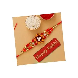 eCraftIndia Orange Floral Designer Rakhi for Brother with Happy Rakhi Wooden Cutout and Roli Chawal Pack