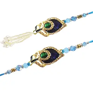 Partunay 2 Pcs Meenakari Diamond Work Peacock Feather Couple Pair Rakhi Set For Brother Bhaiya Bhabhi