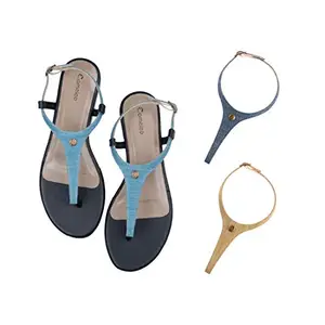 Cameleo -changes with You! Cameleo -changes with You! Women's Plural T-Strap Slingback Flat Sandals | 3-in-1 Interchangeable Strap Set | Light-Blue-Dark-Blue-Olive-Green
