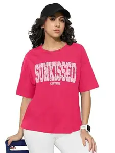 LEOTUDE Half Sleeve Cottonblend Oversized Tshirt for Women, Round Neck Longline Printed Raglan Sleeve Colourblocked Drop Shoulder Baggie T-Shirt Top for Woman (Color Pink)