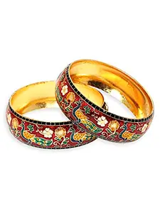 OOMPH Jewellery Set of 2 Red & Green Meenakari Peacock & Floral Design Brass Bangle Kada Set for Women & Girls Stylish Latest Size 2.6 (BHC13_AMR2)