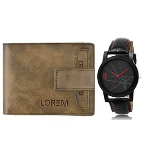 LOREM Combo of Black Wrist Watch & Brown Color Artificial Leather Wallet (Fz-Wl23-Lr08)