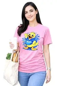 Accmetees 100% Cotton Womens Round Neck, Half Sleeve, Digital Duck Printed T Shirt, BIO Washed Fabric
