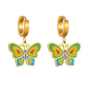 KRYSTALZ Gorgeous Small Stainless Steel Golden Butterfly Shape Pendant Hoop Drop Earrings for women