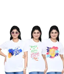 SWAGATA Enterprise Women's Casual Graphic Printed Holi T-Shirt Combo I Regular Fit Round Neck Air Jet Tshirt for Women I Unisex Tshirt Combo, Pack of 3 - White/Multi26 (Size - XL)