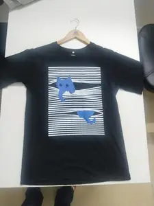 Optical Illusion Cat T-Shirt, Black Cotton, Blue Striped Design, Short Sleeve