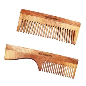 BlackLaoban Handmade Wooden Combs Big Size Kacchi Neem Wood Comb Set - Neem Comb Combo For Men & Women Hair Growth - Pack of 2 - Anti Dandruff, Detangling Hair Fall Control Kanghi Wide Tooth & Handle Comb