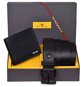 URBAN FOREST Rakhi Gift Hamper for Brother - Classic Black Leather Wallet, Casual Black Leather Belt and Rakhi Combo Gift Set for Brother - 4606