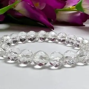 Retrend Design® Sfatik Ki Bracelet Original Lab Tested स्फटिक ब्रेसलेट Stretchable Handcrafted 10Mm Round Beads Sphatik Bracelet Diamond Cut Original Certified Saftik Bracelet स्फटिक की ब्रेसलेट