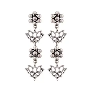 Voylla Brass Oxidised Silver Plating Layered Floral Dangler Earrings for Women and Girls, Suitable for Work Wear