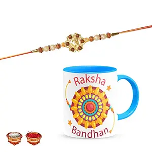 Manonita Rakhi Gift for Brother, bhaiya bhabhi, Gift Set (Rakshabandhan Mug, Roli,Chawal) BLUEMUG-12-BJ