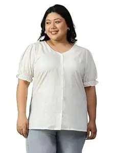 CLOCHOICE Women Plus Size White Cotton Schiffli Puff Sleeve Top