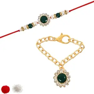 I Jewels Unisex Adult Designer Kundan & Pearl Hanging Bhaiya Bhabhi Rakhi & Unique Watch Accessories, Watch Charm Pendent With Roli Chawal & Rakshabandhan Card (R177G-Co)