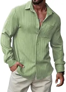 DEELMO Men's Button Down Dress Shirts Textured Long Sleeve Casual Hawaiian Beach Shirt with Pocket