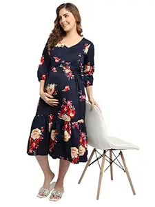 Moms Maternity Women's Soft Fabric Maternity Midi Dress/Navy Floral Print Pregnancy Dress/Easy Breast Feeding Baby Shower Dress/Western Dress with Zippers for Nursing Pre and Post Maternity