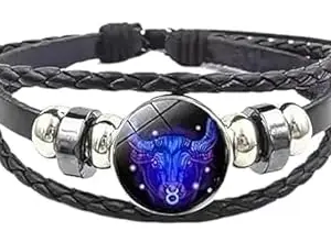 Flamgam Handle Eazy Zodiac Constellation Bracelet for Women | Vintage Black Leather Adjustable Woven Bracelet | Handmade Birthday Jewelry | No Gemstone | Zinc Alloy – Pack of 1 (Taurus - वृषभ)