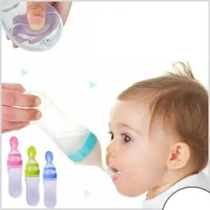 Amitasha Baby Feeding Bottle Spoon, Squeezy Silicone Spoon Food Feeder for Babies, Bottle BPA Free with Standing Base for Infant 6-24 Months, Food Grade Silicone Tip (Pack of 2)