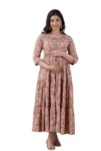 GIRISHA Enterprises Women's Rayon Printed Long Anarkali Maternity Kurta Dress with Side Zippers (Peach-XL)