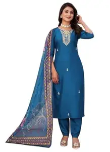 ALAKHI STUDIO Women's Kurta Pant Set with Organza Dupatta | Cotton Blend Fabric with 3/4 Sleeves | Ethnic Wear for Festive, Wedding & Casual Occasions | Comfortable Traditional Outfit