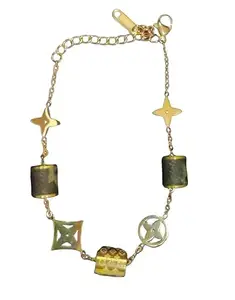 Gold-Toned Charm Bracelet, Stainless Steel, Designer-Inspired Monogram Pattern, Women's Fashion Jewelry, Free Size, 13g, 12cm