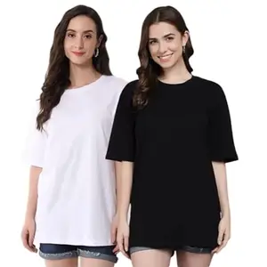 LUMA Cotton Half Sleeve Oversized T-Shirt for Women Combo of 2 (2XL)