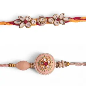 Ideaz unlimited Traditional Floral Design & Designer Floral Stone Rakhi | Beads & Red-Yellow Thread for Rakshabandhan | Pack of 2 Rakhi with Roli Chawal