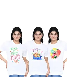 SWAGATA Enterprise Women's Casual Graphic Printed Holi T-Shirt Combo I Regular Fit Round Neck Air Jet Tshirt for Women I Unisex Tshirt Combo, Pack of 3 - White/Multi42 (Size - L)