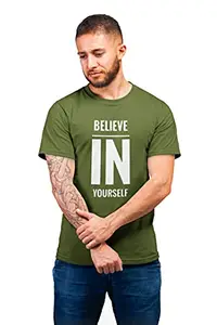 THE ELEGANT FASHION 100% Cotton Half Sleeves Round Neck Believe in Yourself Printed T-Shirt for Men OliveGreen