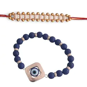 Ideaz unlimited Designer Evil Eye & Simple Pearl Bead Rakhi | Blue Beads & Red Thread for Rakshabandhan | Pack of 2 Rakhi with Roli Chawal
