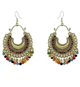 Krishaa Enterprises Chand Bali Earring | Beaded Chandbali Hook Earrings Jewellery for Women | Oxadised Jhumkas | Loop Earrings Pair (Multicolor)