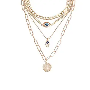 Jewels Galaxy Jewellery For Women Gold Plated Gold-Toned Evil Eye and Buddha Hand Layered Necklace (CT-NCKE-44279)