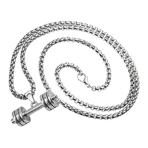 Airtick Unisex Fancy & Stylish Silver Metal Stainless Steel Weightlifting Fitness Gym Bodybuilding Sports Dumbbell Barbell Pendant Locket Necklace With Box Chain