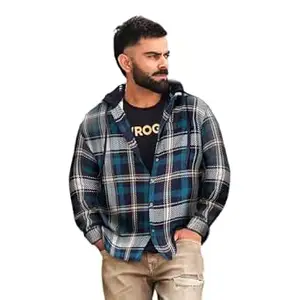 WROGN Men's Pure Cotton Hooded Shirt | Checkered | Oversized Fit