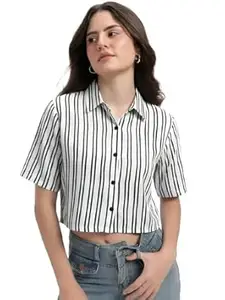 ROUGHSTER TRYKAR Stylish Striped Crop Shirt for Women, Short Sleeve Button Up Top, Classic Collar, Vertical Stripe, Lightweight Breathable, Casual Summer Wear