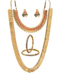 YouBella Fashion Gold Plated Brass Bangles, Long Traditional Maharani Bridal Temple coin and Red Temple Coin Necklace Set for women And Earrings Jewellery for Women (2.8)