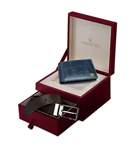 WildHorn Men's Classic Leather Wallet and Belt Combo | Blue