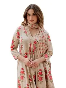 Arayna Women’s Pure Cotton Floral Printed Kurta Pant Dupatta Set | Elegant Ethnic Suit Set with Soft Floral Motifs | Straight Fit 3-Piece Set for Women