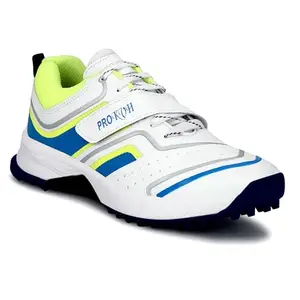 PRO KVH Plus 2.0 Cricket Shoes for Men's – Fast Strap Rubber Spikes, Lightweight,Performance, Comfort, and Durability Shoe for All-Round Performance White-Blue 8 UK/IND
