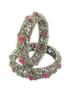 Femmibella Set Of 2 Silver Plated Red & Green Stone Studded Bangles | Kada Set For Women Girls